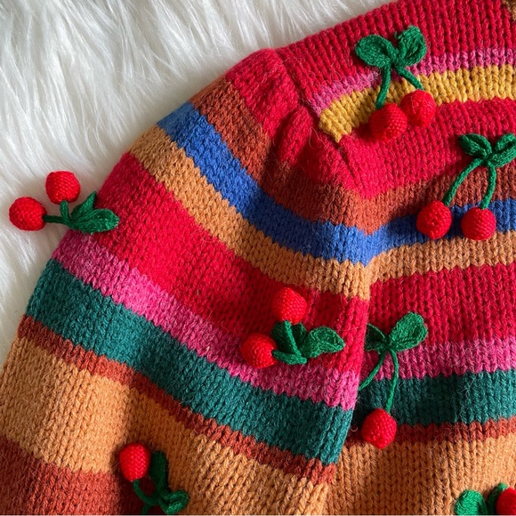 Farm Rio Colorful Stripe 3D Cherry Crochet Wool Blend Sweater NWT Small - Picture 12 of 16